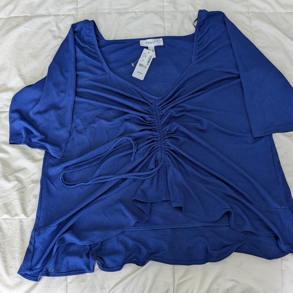 Addition Elle, Royal blue, 3/4 length sleeve, crepe shirt with ruffled hem. - Picture 5 of 16